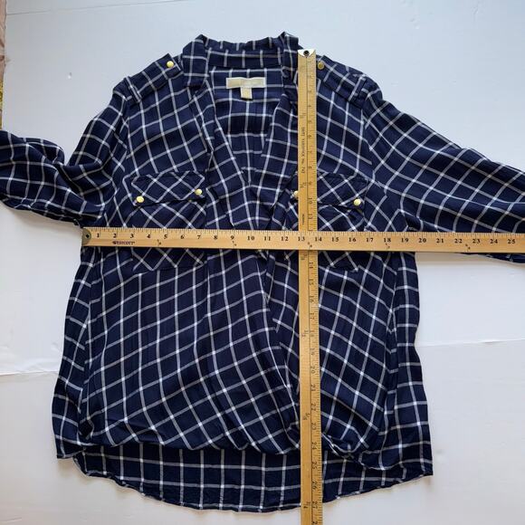 Michael Michael Kors Plaid Blouse Women’s L Navy White Gold Button Top Work - Picture 9 of 14
